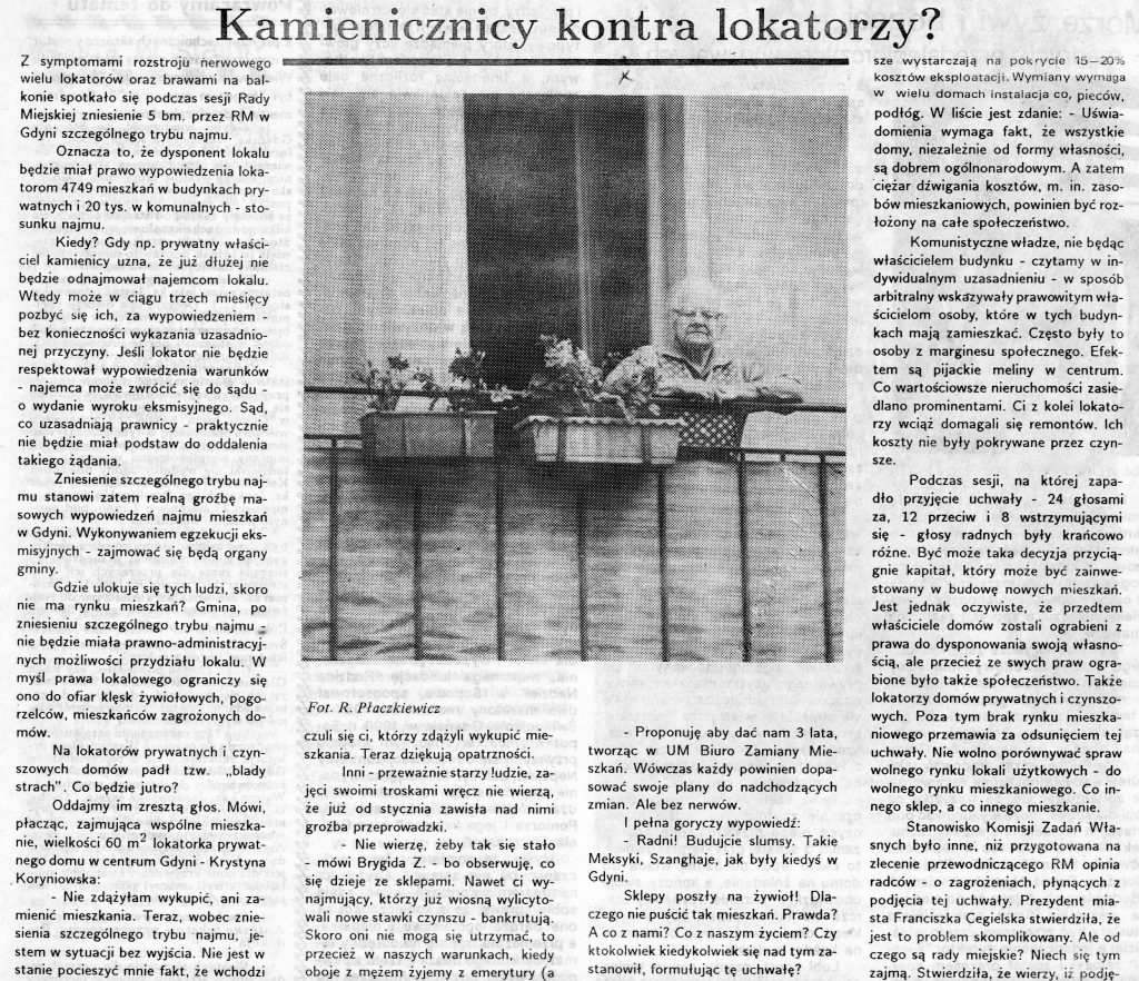 Kamienicznicy kontra lokatorzy? / Barbara Kalita // Gazeta Gdyńska. - 1990, nr 5, s. 5. - Il.