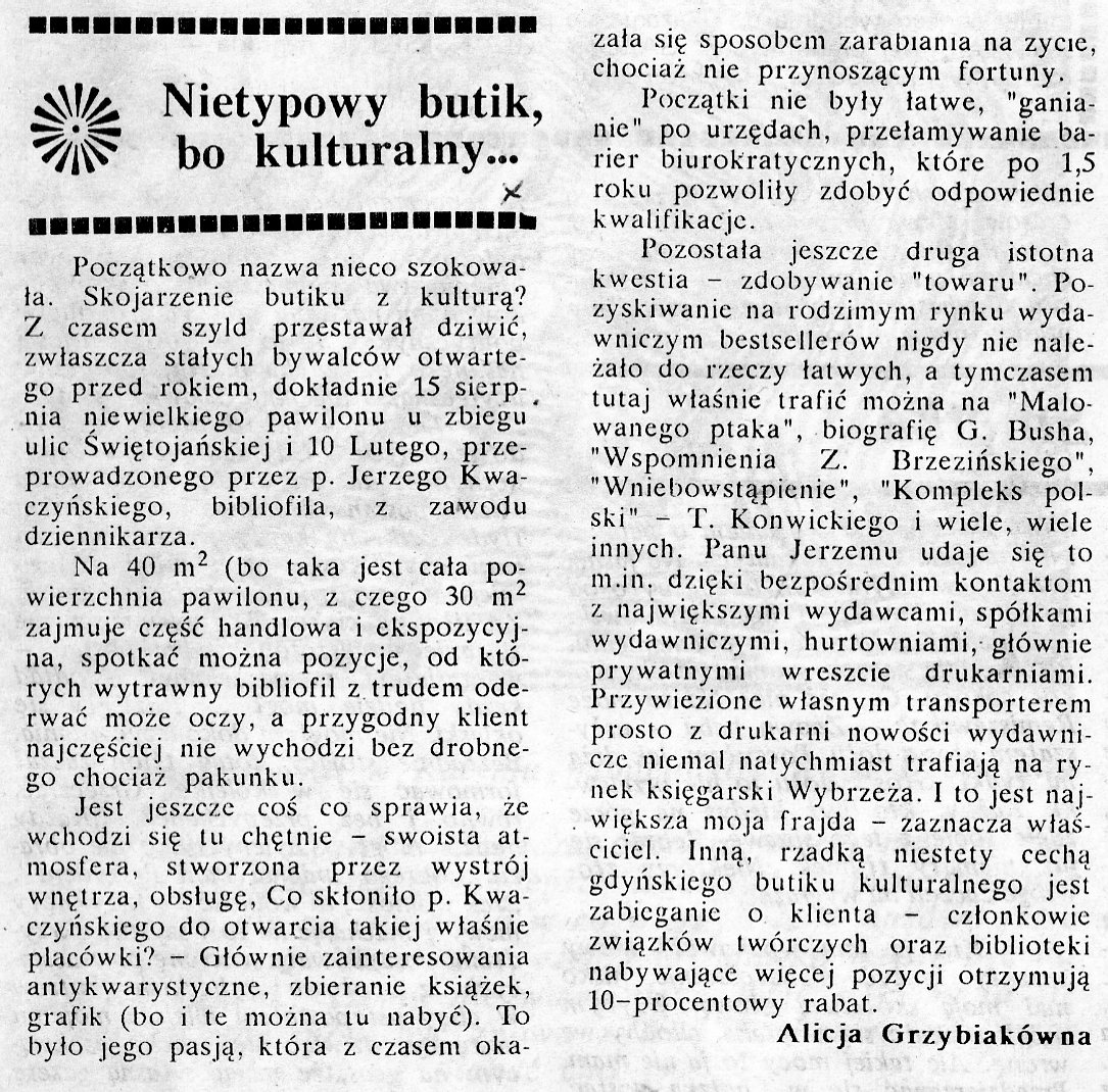 Nietypowy butik, bo kulturalny / Alicja Grzybiakówna // Gazeta Gdyńska. - 1990, nr 5, s. 7