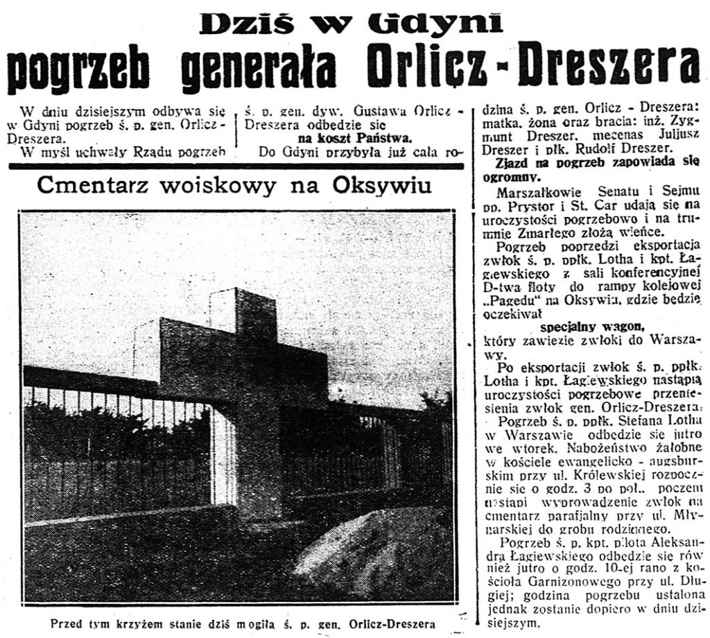 Dziś w Gdyni pogrzeb generała Orlicz-Dreszera // Dzień Dobry. - 1936, nr 200, s. 1
