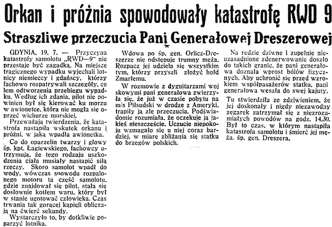 Orkan i próżnia spowodowały katastrofę RWD 9. Straszliwe przeczucia Pani Generałowej Dreszerowej // Dzień Dobry. - 1936, nr 200, s. 2