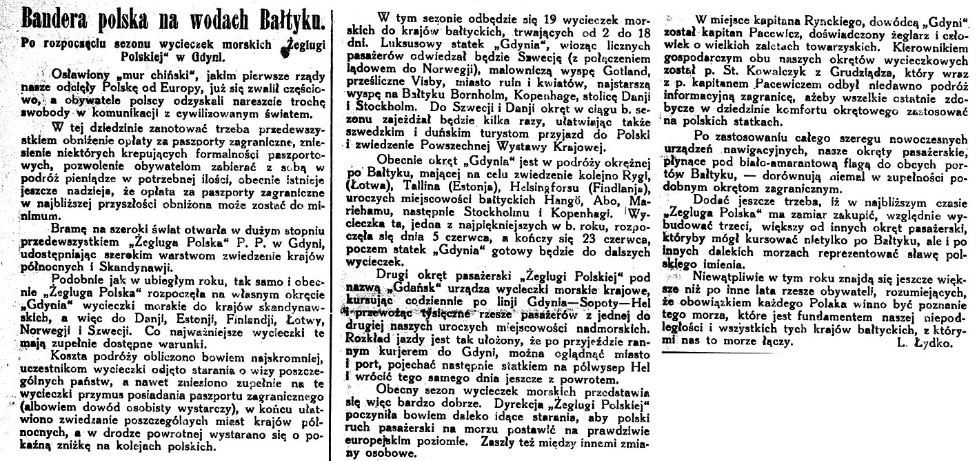 Bandera Polska na wodach Bałtyku. Po rozpoczęciu sezonu wycieczek morskich "Żeglugi Polskiej w Gdyni" // Kurjer Zachodni. - 1929, nr 50, s. 2