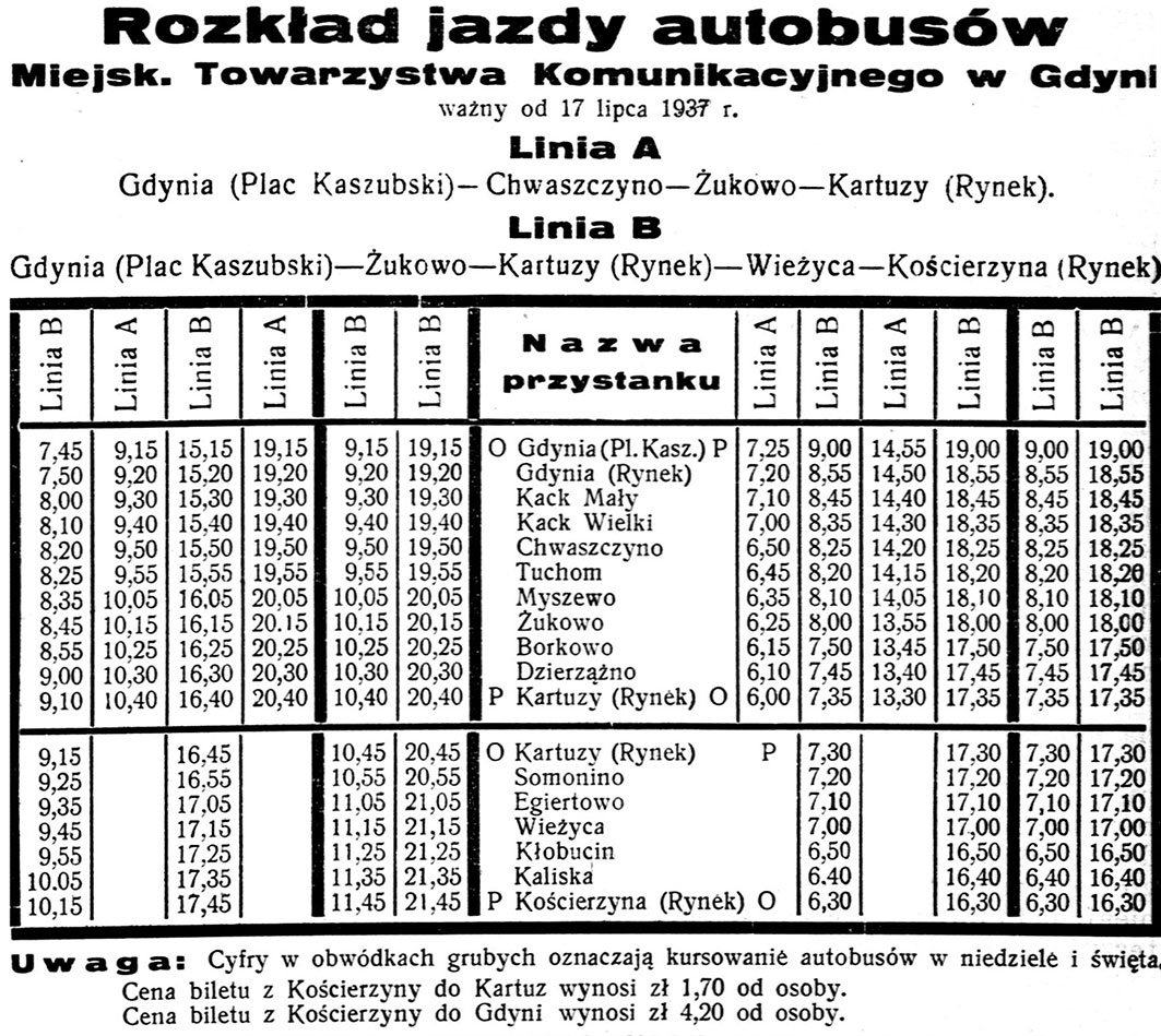 Rozkład jazdy autobusów Miejsk. Towarzystwa Komunikacyjnego w Gdyni ważny od 17 lipca 1937 r.