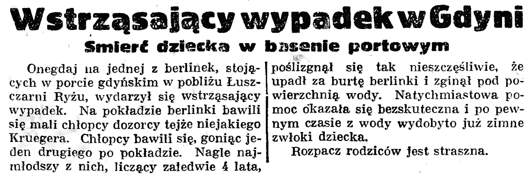 Wstrząsający wypadek w Gdyni. Śmierć dziecka w basenie portowym // Gazeta Gdańska. - 1935, nr 129, s. 7
