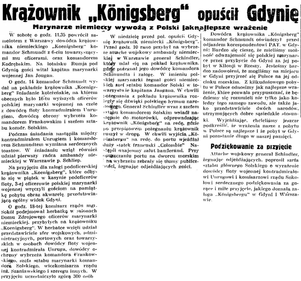 Krążownik "Konigsberg" opuścił Gdynię. Marynarze niemieccy wywożą z Polski jak najlepsze wrażenie // Gazeta Gdańska. - 1935, nr 191, s. 4