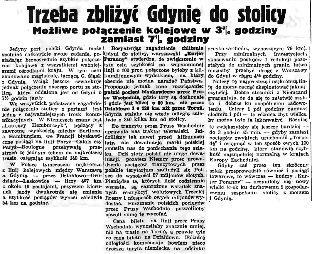 Trzeba zbliżyć Gdynię do stolicy. Możliwe połączenie kolejowe w 3 3/4 godziny zamiast 7 1/2 godziny // Gazeta Gdańska. - 1935, nr 254, s. 7