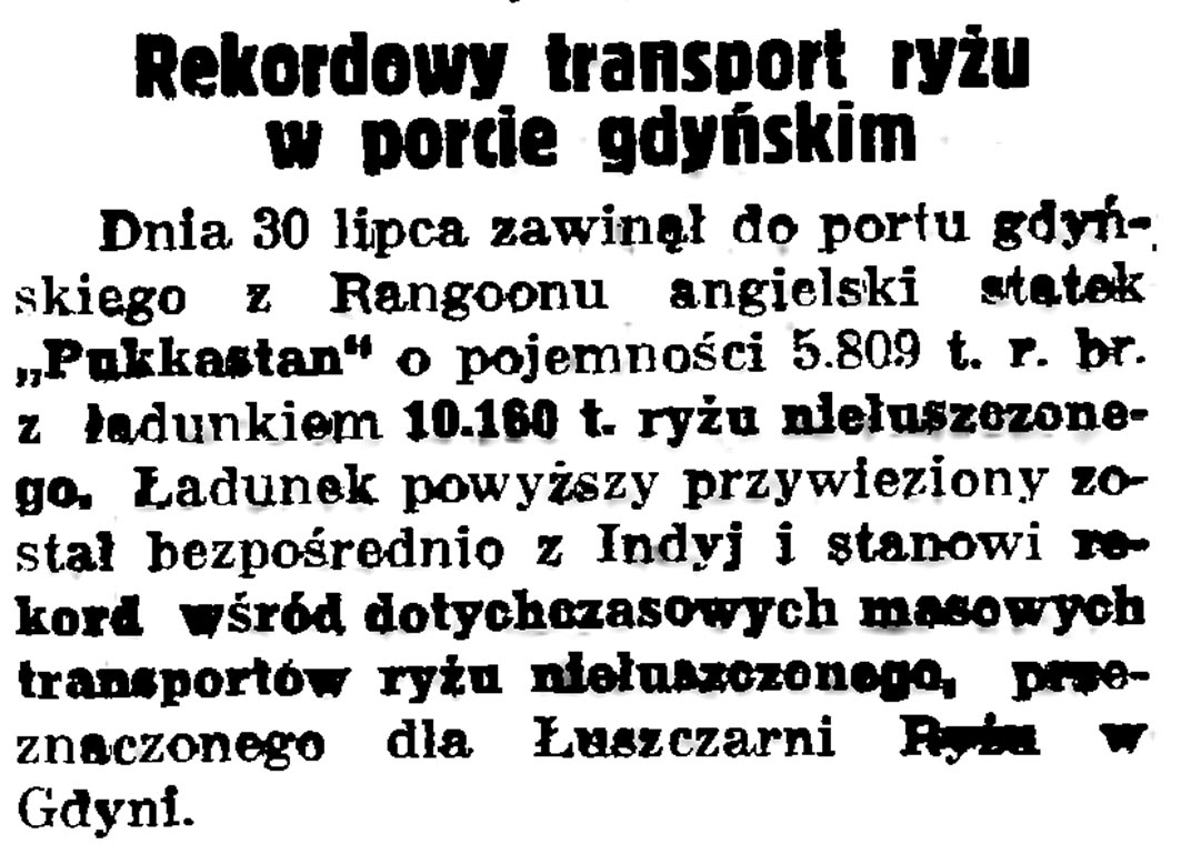 Rekordowy transport ryżu w porcie gdyńskim // Gazeta Gdańska. - 1936, nr 175, s. 5