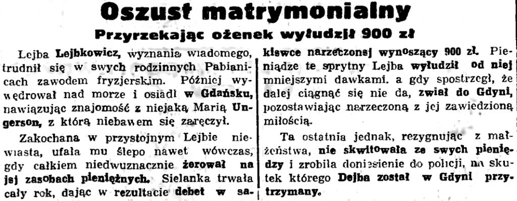 Oszust matrymonialny. Przyrzekając ożenek wyłudził 900 zł // Gazeta Gdańska. - 1936, nr 245, s. 14