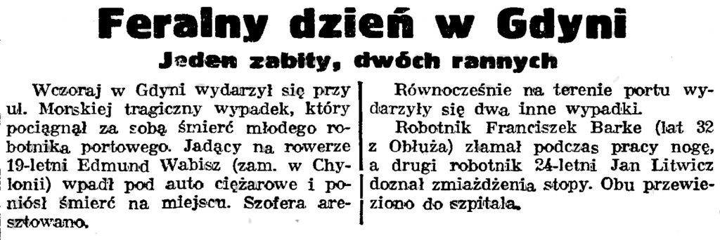 Feralny dzień w Gdyni. Jeden zabity, dwóch rannych // Gazeta Gdańska. - 1938, nr 244, s. 7