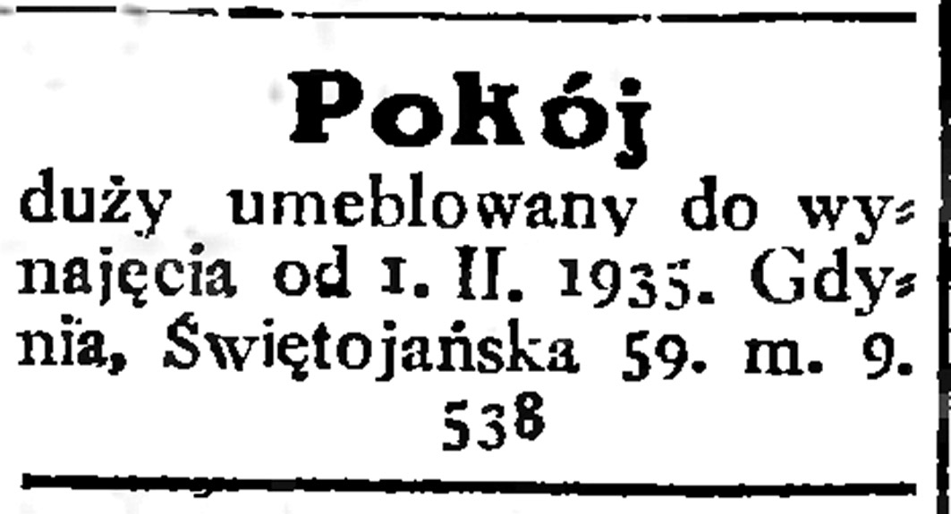 Pokój duży umeblowany do wynajęcia ... // Gazeta Gdańska. - 1935, nr 17, s. 14