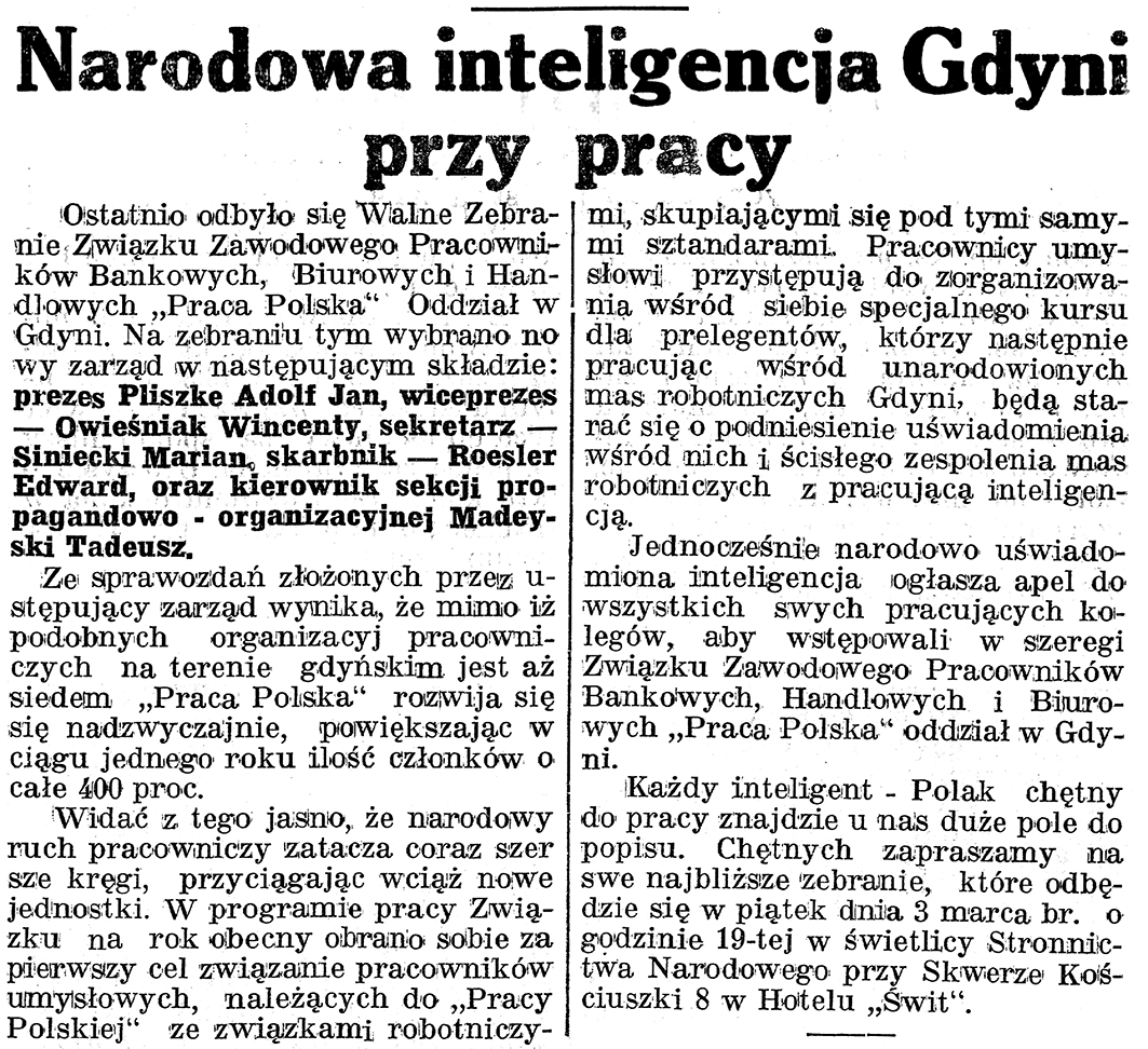 Narodowa inteligencja Gdyni przy pracy // Gazeta Gdyńska. - 1939, z dnia 2 marca, s. 7