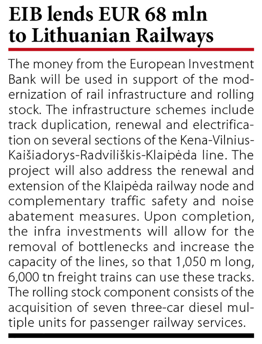 EIB lends EUR 68 mln to Lithuanian Railways // Baltic Transport Journal. - 2016, nr 1, s. 10