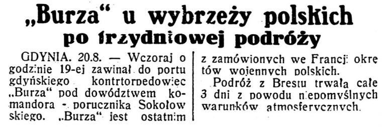 "Burza" u wybrzeży polskich po trzydniowej podróży // Dzień Dobry. - 1932, nr 232, s. 1