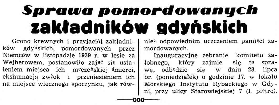 Sprawa pomordowanych zakładników gdyńskich // Dziennik Bałtycki. - 1945, nr 55, s. 2