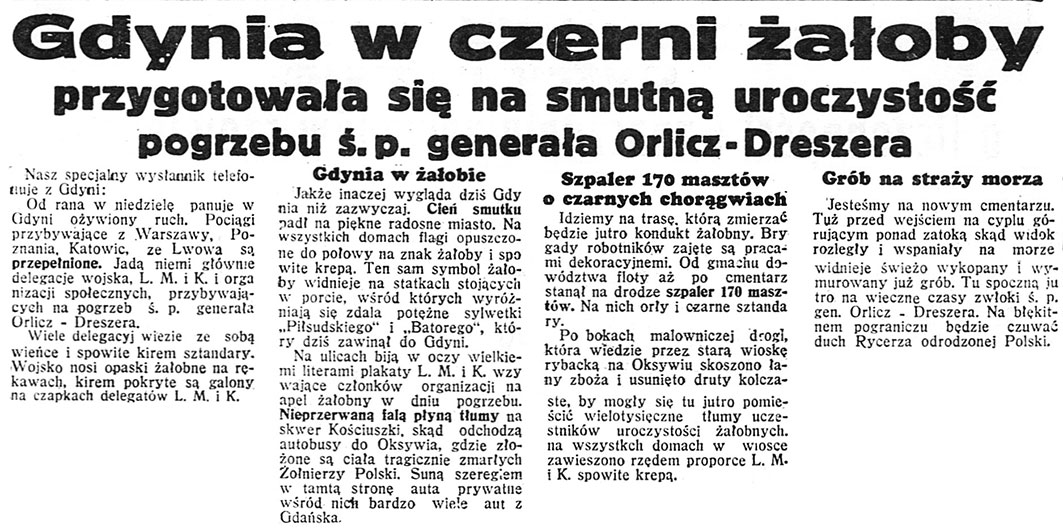 Gdynia w czerni żałoby przygotowała się na smutną uroczystość pogrzebu ś.p. generała Orlicz-Dreszera // Dzień Dobry. - 1936, nr 200, s. 3