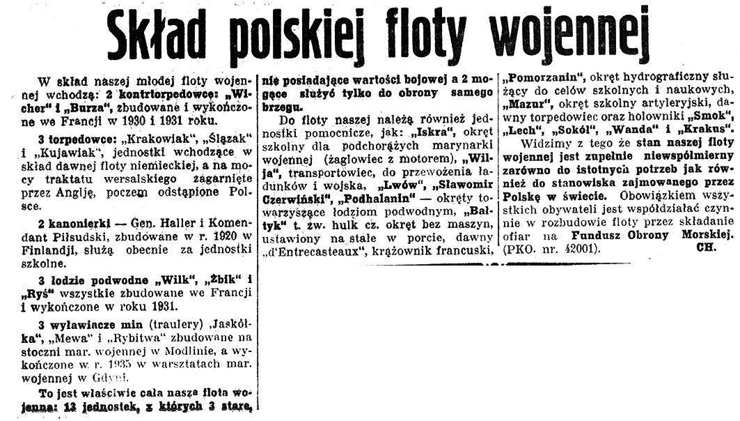 Skład polskiej floty wojennej / CH // Nadzwyczajny Kurjer Morski. - 1937, nr 1, s. 4