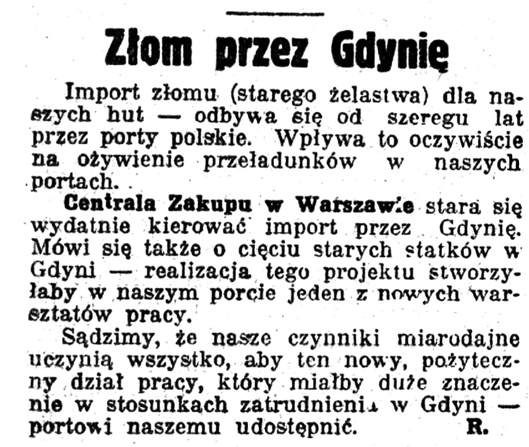 Złom przez Gdynię / R. // Nadzwyczajny Kurjer Morski. - 1937, nr 1, s. 6