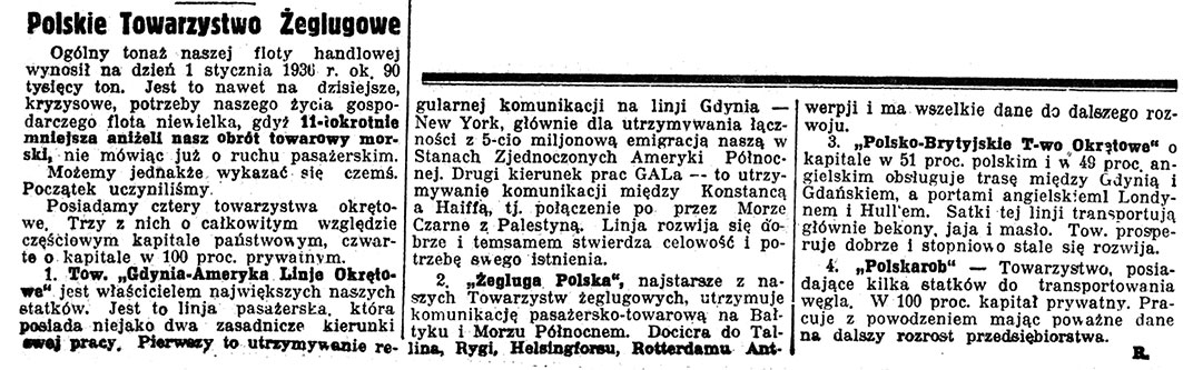 Polskie Towarzystwo Żeglugowe / R. // Nadzwyczajny Kurjer Morski. - 1937, nr 1, s. 6