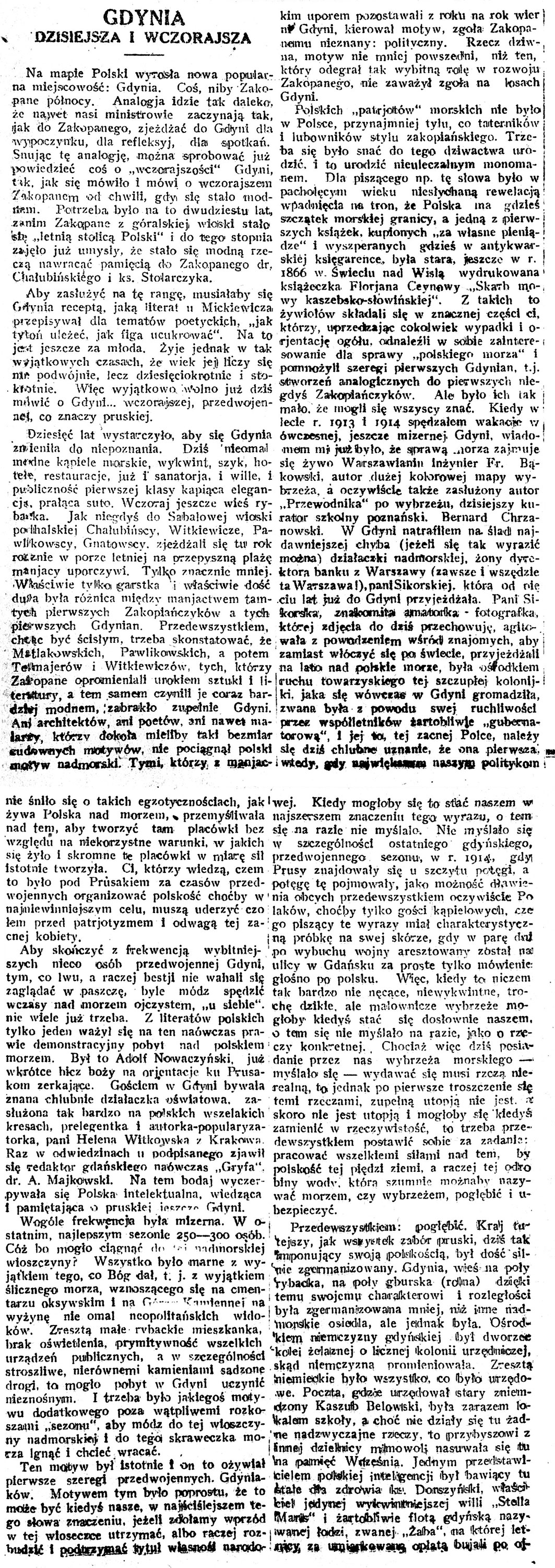 Gdynia dzisiejsza i wczorajsza // Antoni Chołoniewski //Rzeczpospolita. - 1923,. nr 219, s. 5