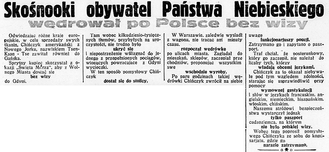Skośnooki obywatel Państwa Niebieskiego wędrował po Polsce bez wizy // Dzień Dobry. - 1932, nr 212, s. 8