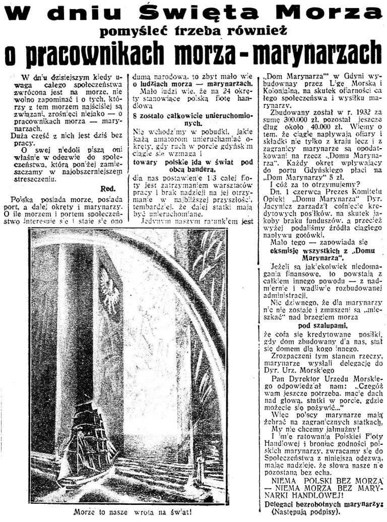 W dniu Święta Morza pomyśleć trzeba również o pracownikach morza - marynarzach // Dzień Dobry. - 1933, nr 178, s. 6