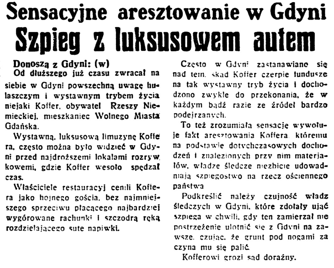 Szpieg z luksusowym autem. Sensacyjne aresztowanie w Gdyni // Dzień Dobry. - 1933, nr 200, s. 1