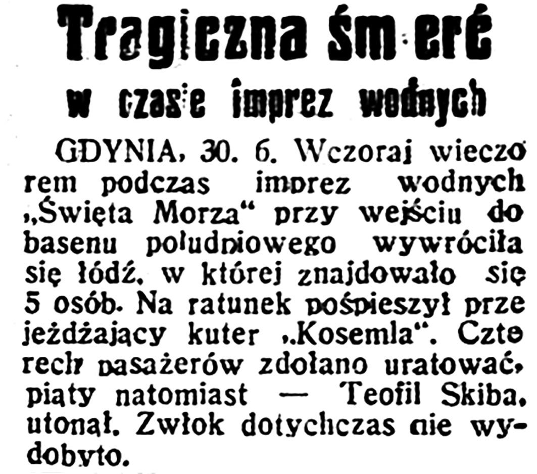 Tragiczna śmierć w czasie imprez wodnych // Dzień Dobry. - 1934, nr 180, s. 2