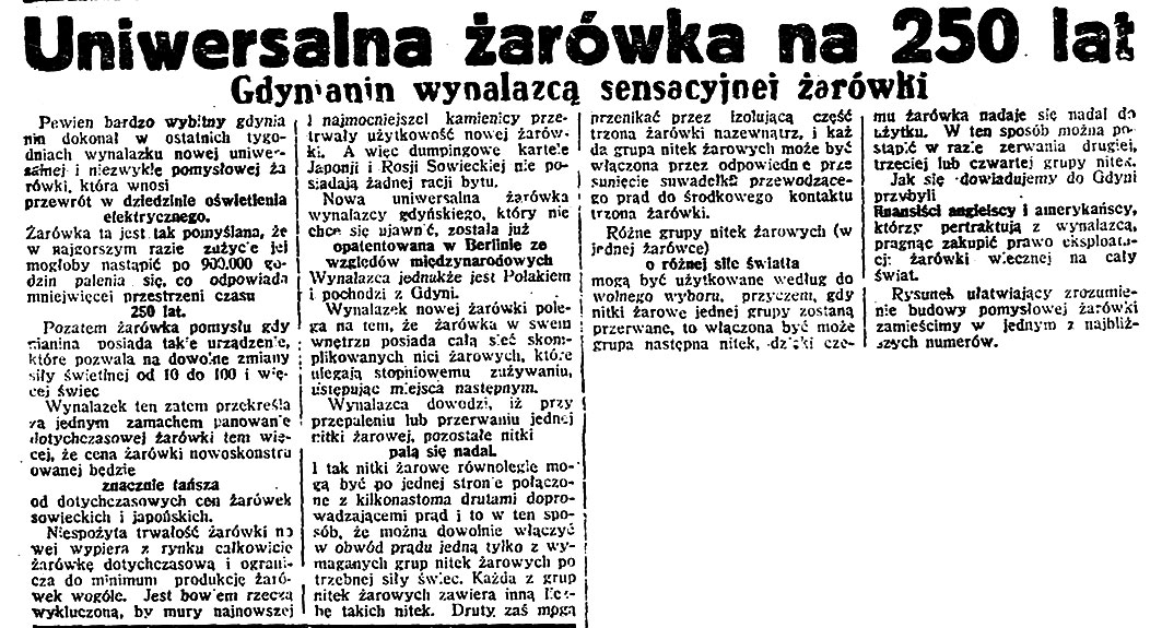 Uniwersalna żarówka. Gdynianin wynalazcą sensacyjnej żarówki // Dzień Dobry. - 1936, nr 102, s. 6