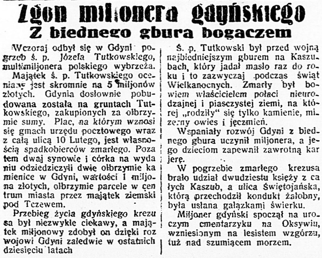 Zgon milionera gdyńskiego. Z biednego gbura bogaczem // Dzień Dobry. - 1936, nr 102, s. 6