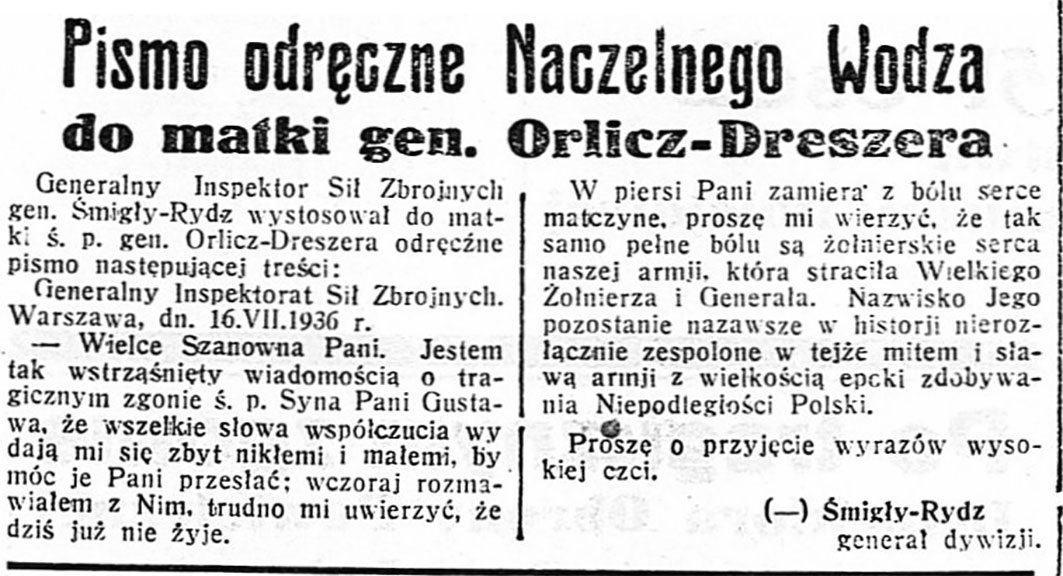 Pismo odręczne Naczelnego Wodza do matki gen. Orlicz-Dreszera / (-) Śmigły-Rydz // Dzień Dobry. - 1936, nr 198, s. 2