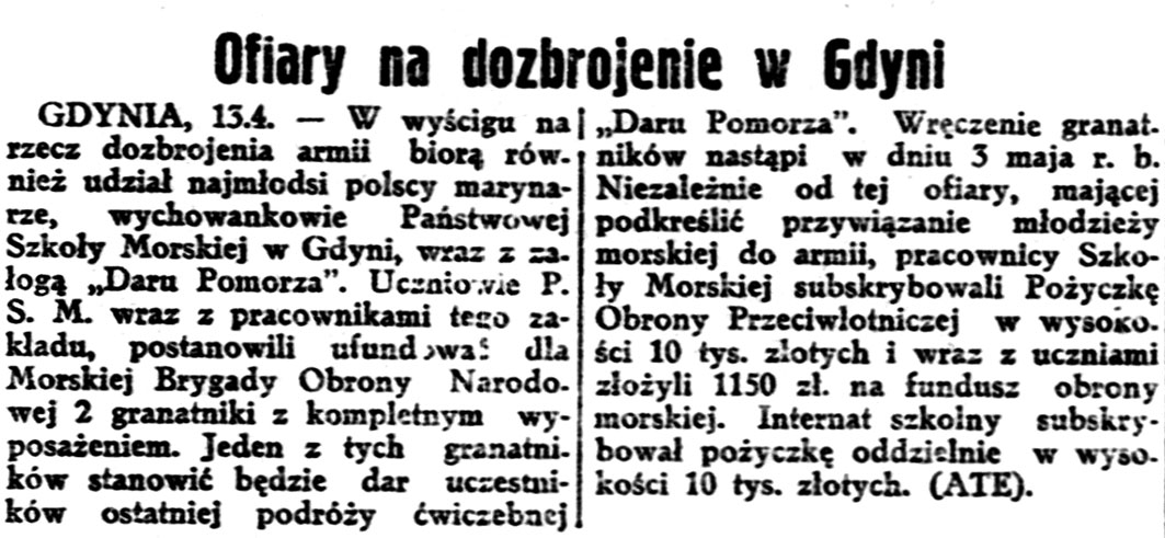 Ofiary na dozbrojenie Gdyni / (ATE) // Gazeta Polska. - 1939, nr 102, s. 7