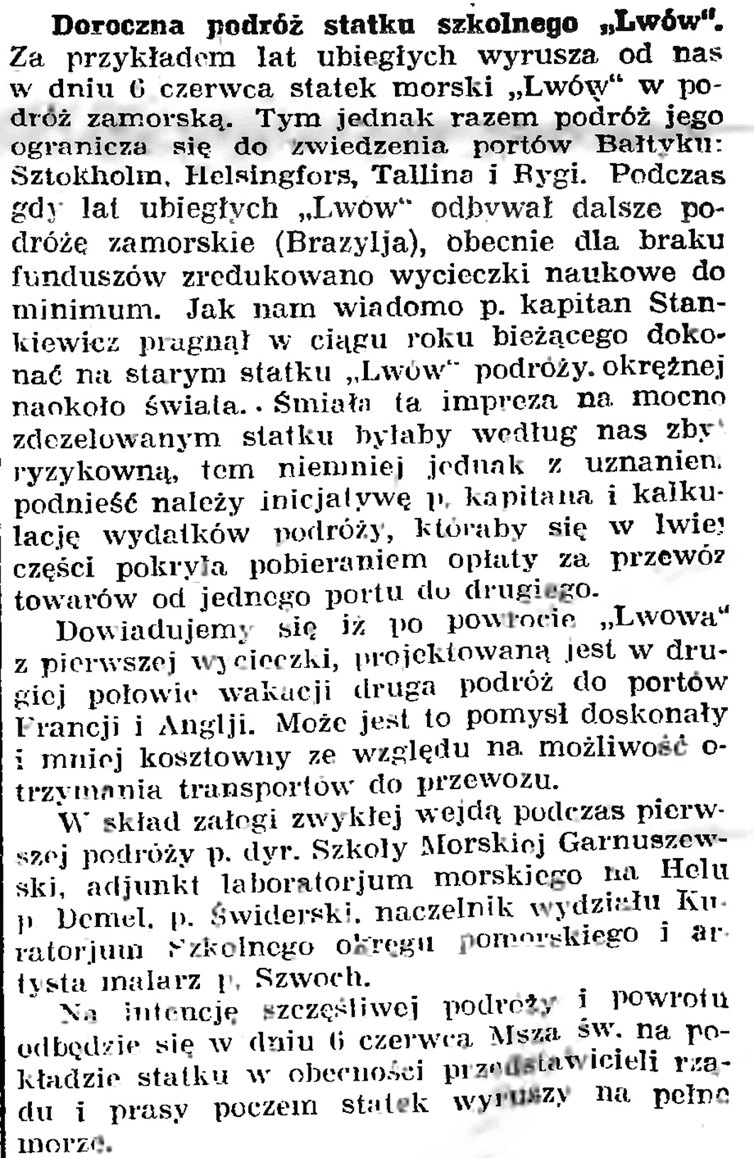 Doroczna podróż statku szkolnego "Lwów" // Gazeta Gdańska. - 1926, nr 125, s. 4