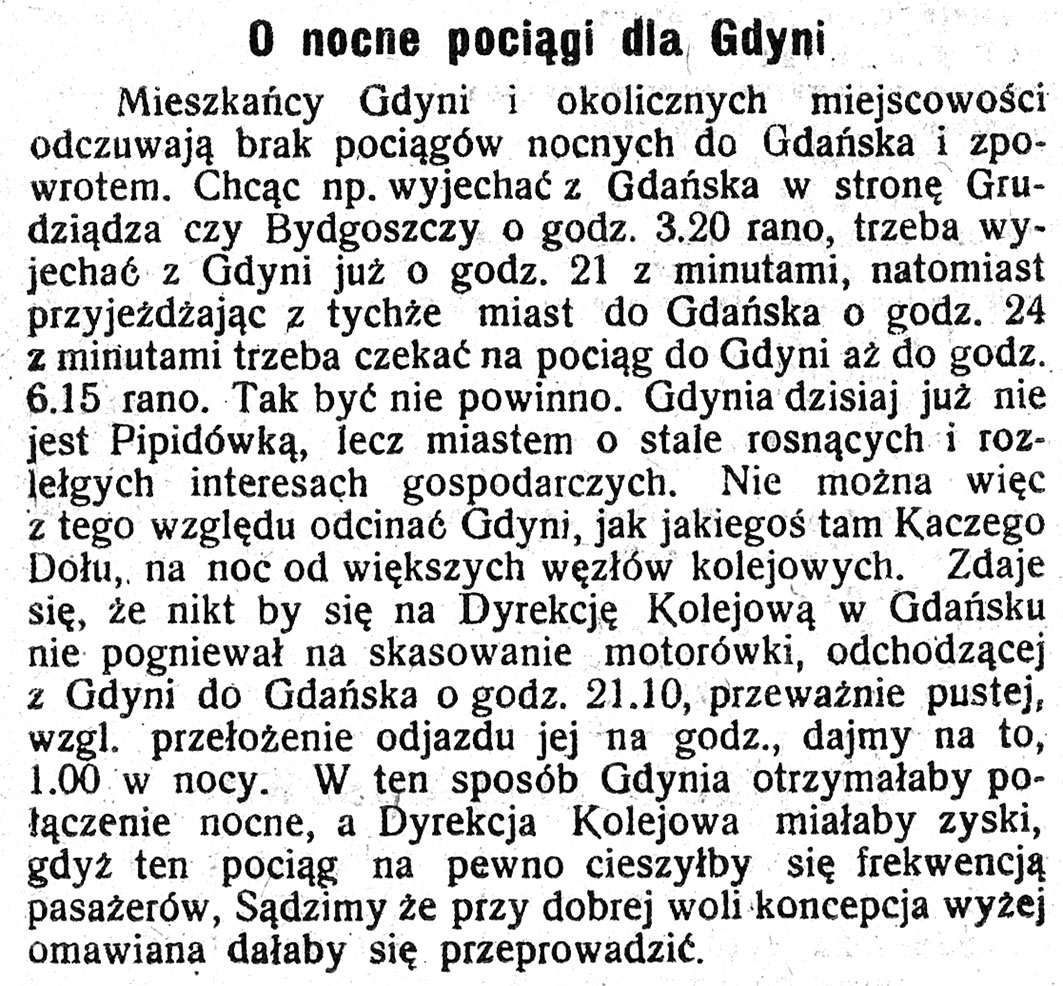 O nocne pociągi dla Gdyni // Pomorzanin. - 1927, nr 149, s. 3