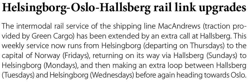 Helsingborg-Oslo-Hallsberg rail link upgrades// Baltic Transport Journal. - 2017, nr 2, s. 12