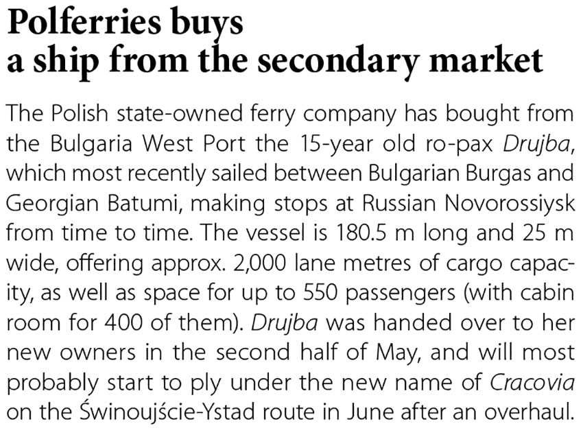 Polferries buys a ship from the secondary market // Baltic Transport Journal. - 2017, nr 2, s. 12