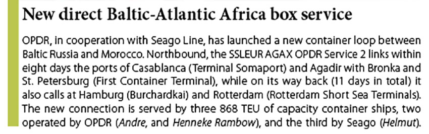 New direct Baltic-Atlantic Africa box service // Baltic Transport Journal. - 2017, nr 2, s. 13