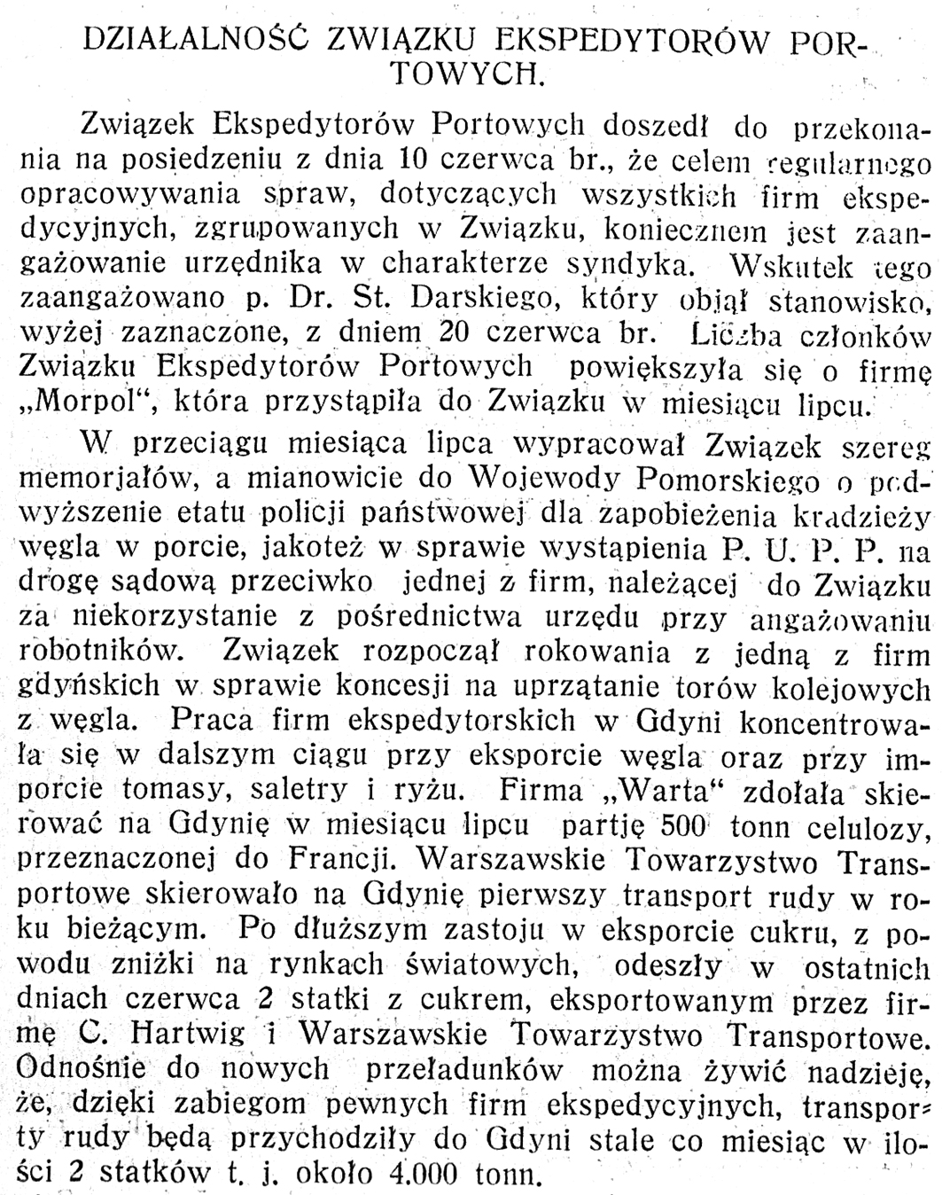 Działalność związku ekspedytorów portowych // Pomorze i Gdynia: dwutygodnik gospodarczy. - 1929, nr 1, s. 1