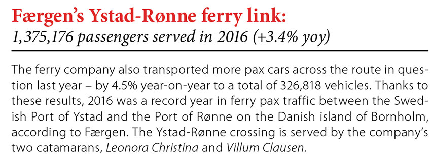 Faergen's Ystad-Ronne ferry link: 1,375,176 passengers served in 2016 (+3.4% yoy) // Baltic Transport Journal. - 2017, nr 1, s. 9