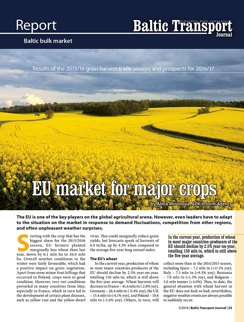 EU market for major crops / Alina Mironova. Baltic bulk market. Results of the 2015/2016 grain harvest-trade season, and prospects for 2016/2017 // Baltic Transport Journal. - 2016, nr 5, s. 28-31. - Il., map.
