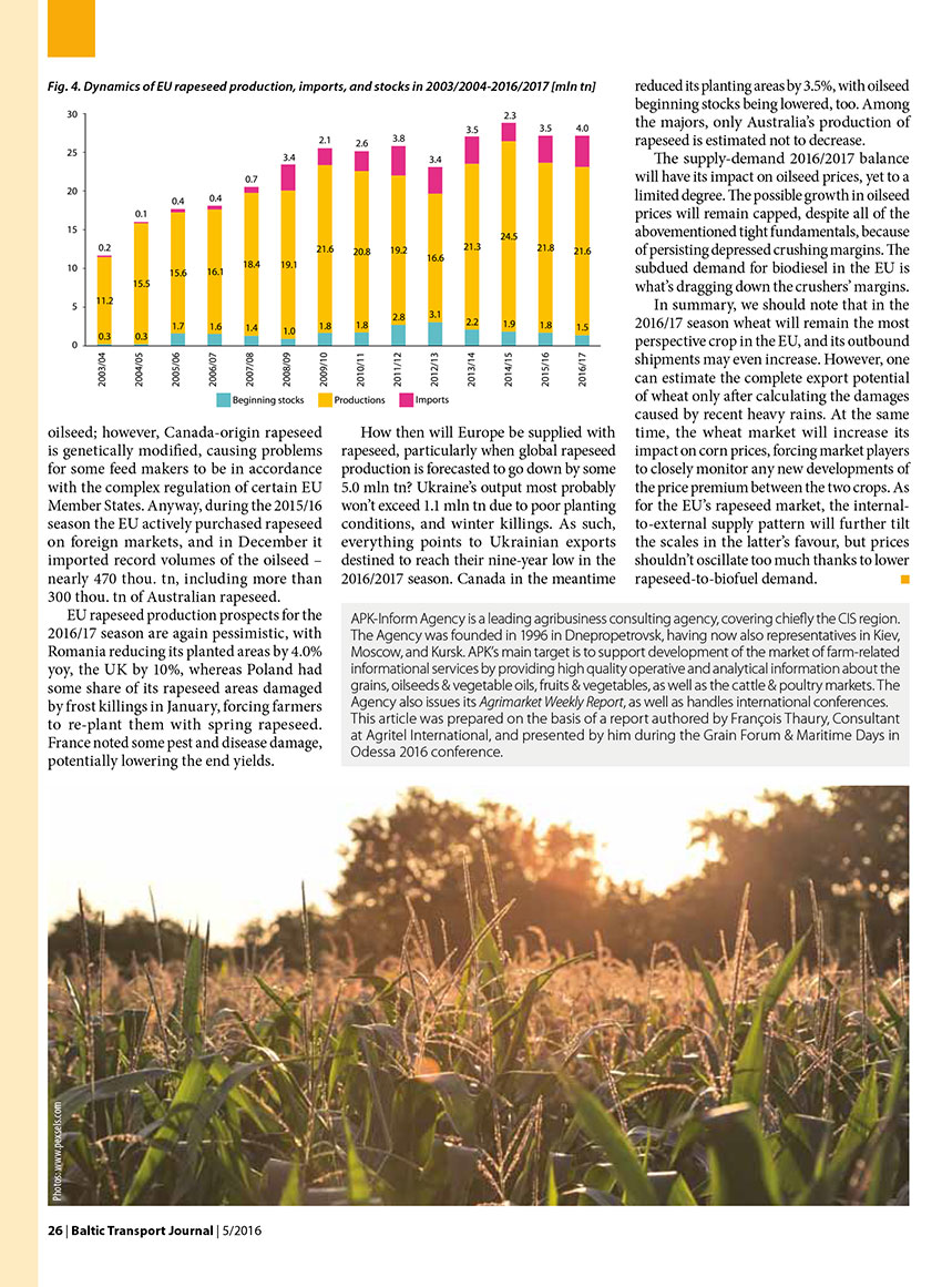 EU market for major crops / Alina Mironova. Baltic bulk market. Results of the 2015/2016 grain harvest-trade season, and prospects for 2016/2017 // Baltic Transport Journal. - 2016, nr 5, s. 28-31. - Il., map.