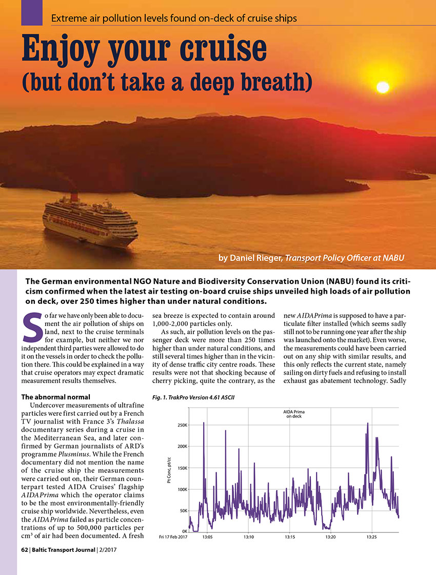 Enjoy your cruise (but don't take a deep breath). Extreme air pollution levels found on-deck of cruise ships / Daniel Rieger // Baltic Transport Journal. - 2917, nr 2, s. 62-63. - Il.