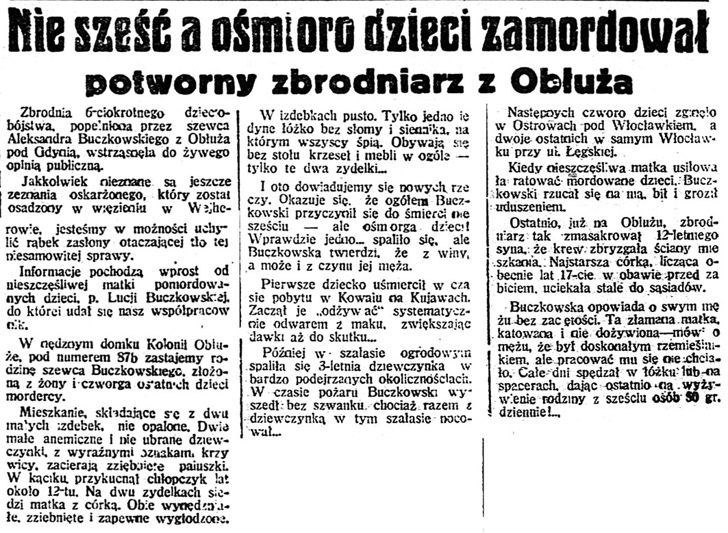 Nie sześć a ośmioro dzieci zamordował potworny zbrodniarz z Obłuża // Dzień Dobry. - 1937, nr 33, s. 5