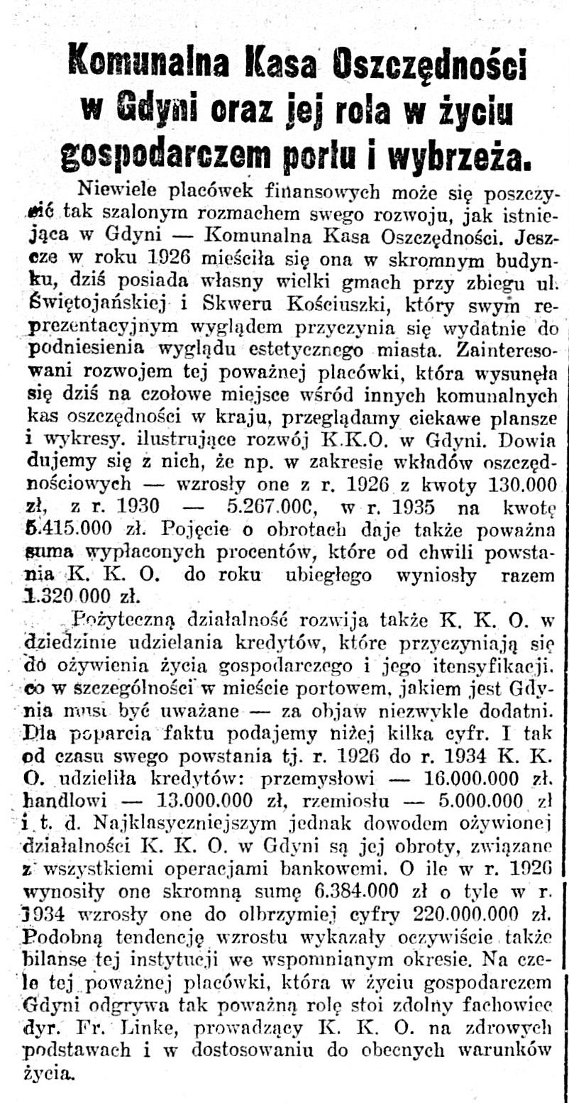 Komunalna Kasa Oszczędności w Gdyni oraz jej rola w życiu gospodarczem portu i wybrzeża // Gazeta Poznańska. - 1935, nr 298, s. 11