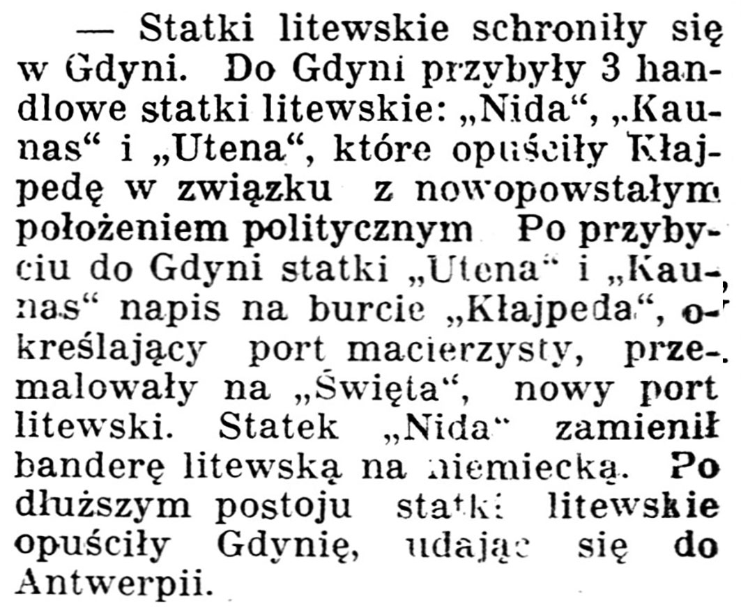 [Statki litewskie schroniły się w Gdyni] // Gazeta Kartuska. - 1939, nr 37, s. 2
