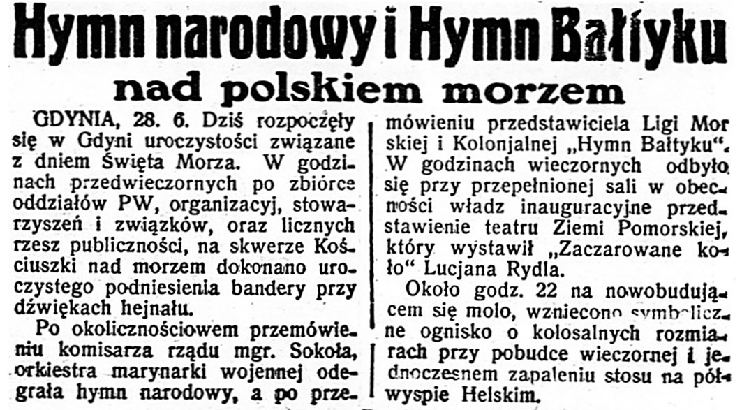 Hymn narodowy i Hymn Bałtyku nad polskiem morzem // Dzień Dobry. - 1935, nr 178, s. 1