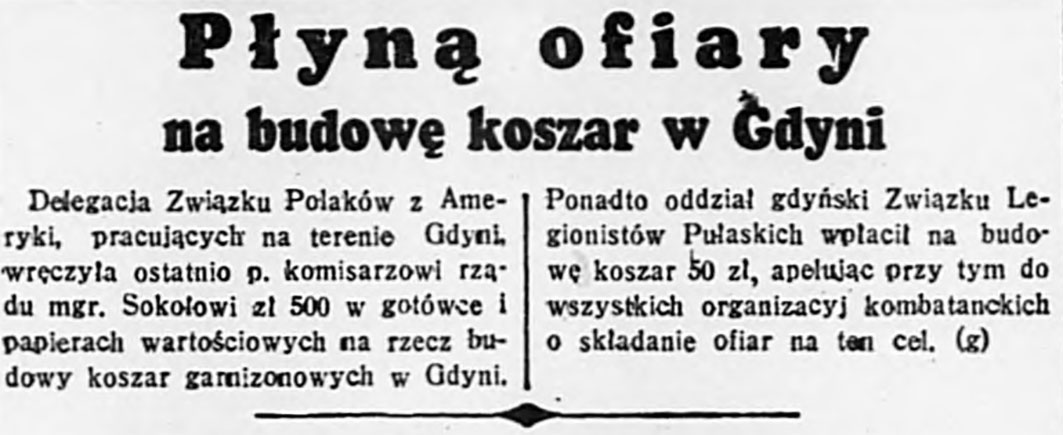 Płyną ofiary na budowę koszar w Gdyni / (g) // Dzień Dobry. - 1937, nr 191, s. 8