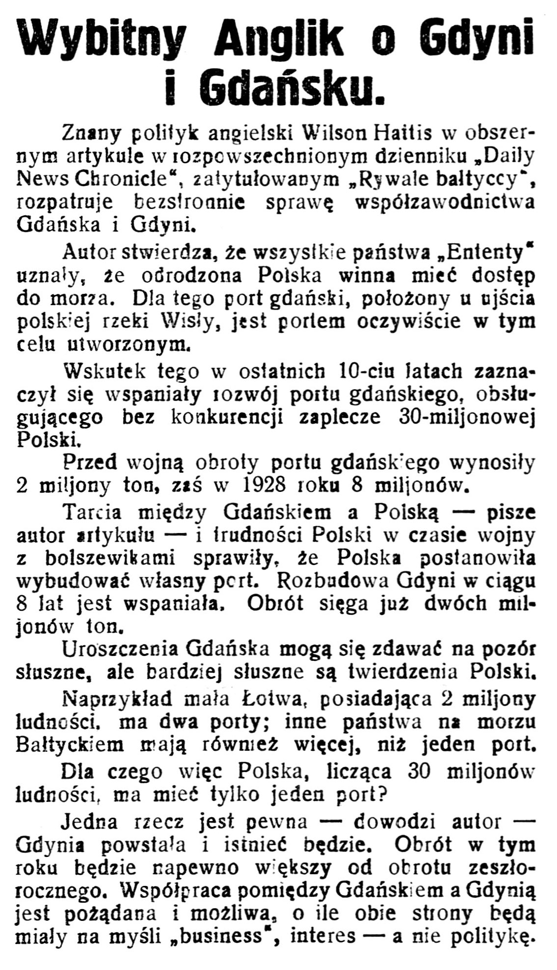 Wybitny Anglik o Gdyni i Gdańsku // Gazeta Kartuska. - 1930, nr 176, s. 3