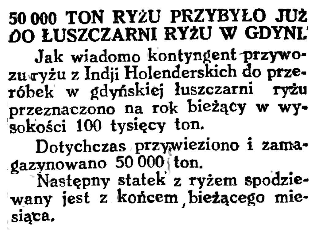 50 000 ton ryżu przybyło już do łuszczarni ryżu w Gdyni // Gazeta Gdańska. - 1929, nr 159, s. 4