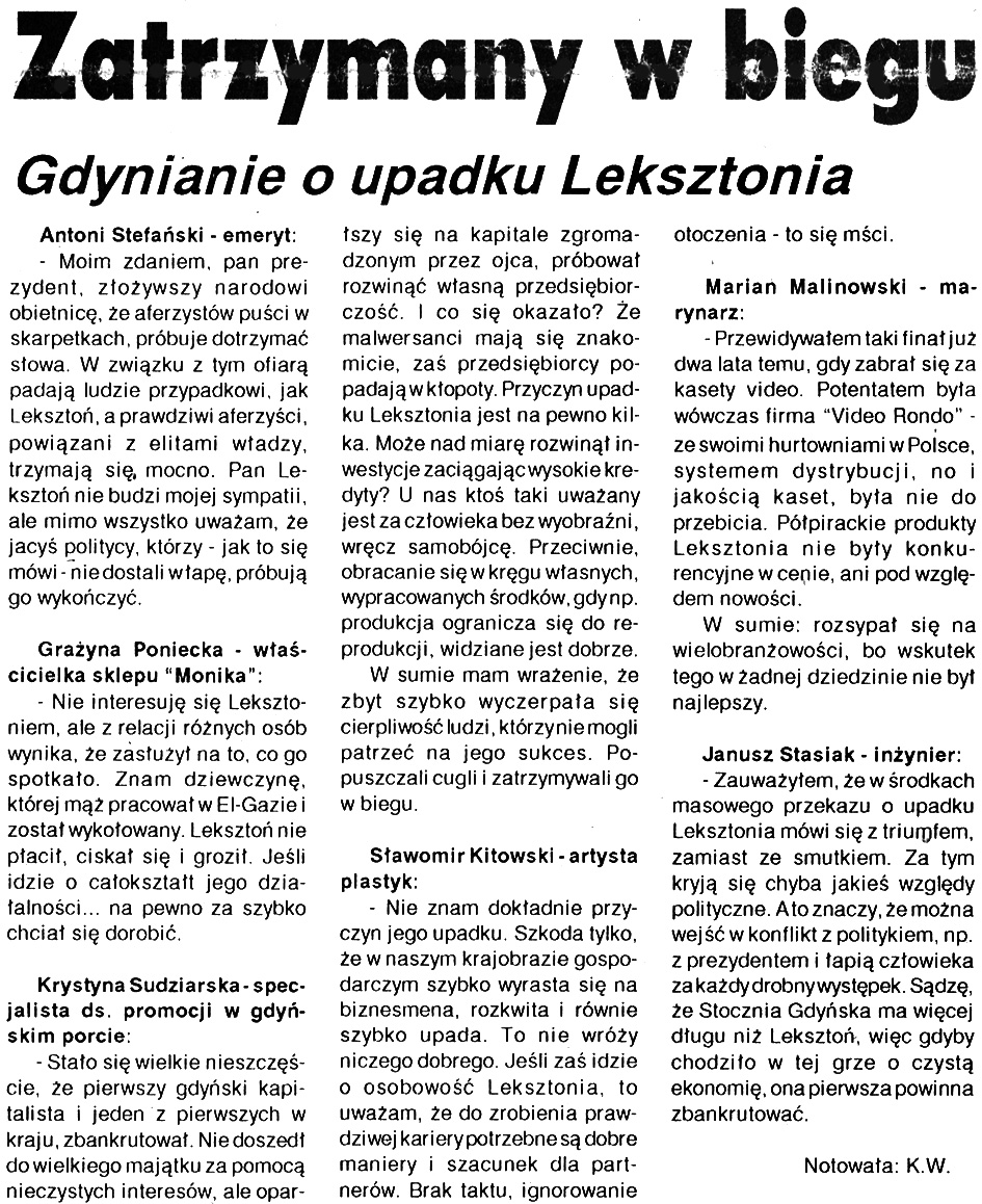 Zatrzymany w biegu. Gdynianie o upadku Leksztonia // Kurier Gdyński. - 1992, nr 1, s. 1