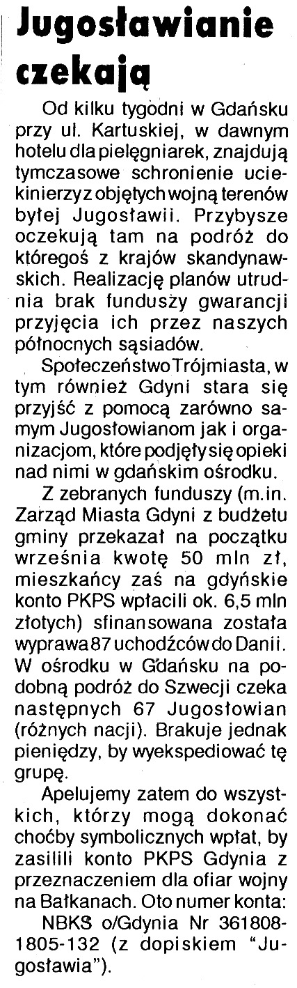 Jugosłowianie czekają // Kurier Gdyński. - 1992, nr 1, s. 2