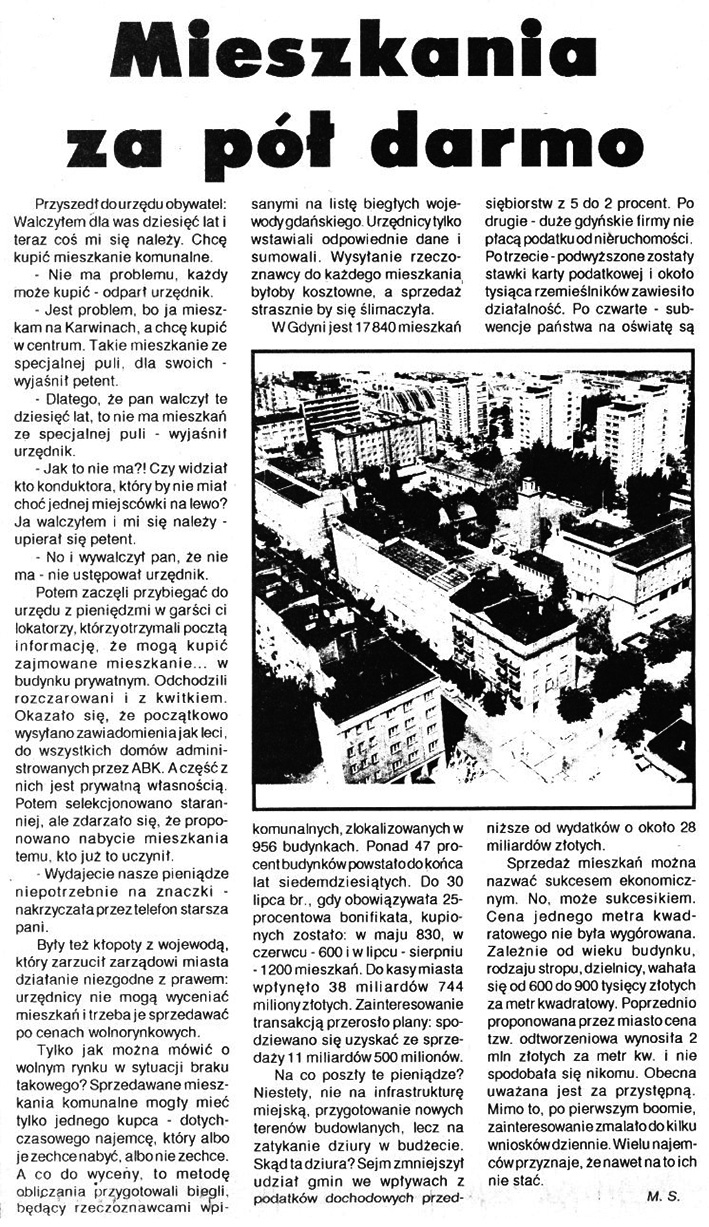 Mieszkania za pół darmo // M. S. // Kurier Gdyński. - 1992, nr 1, s. 2